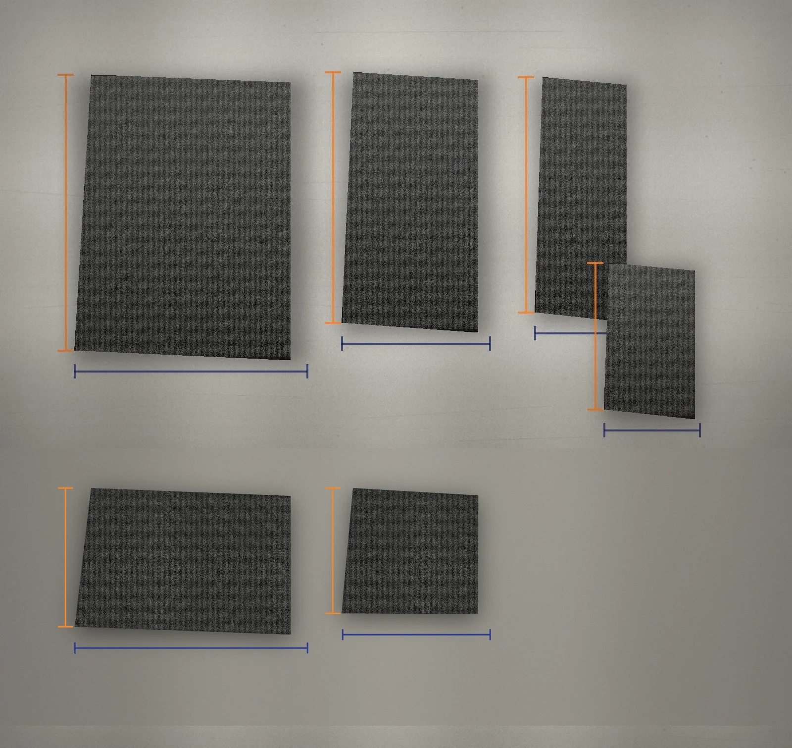 Realistic examples of QuietPipe acoustic sheet cuts in 100 by 300 cm, 50 by 200 cm, 50 by 300 cm, 70 by 300 cm, 100 by 200 cm and 70 by 150 cm sizes