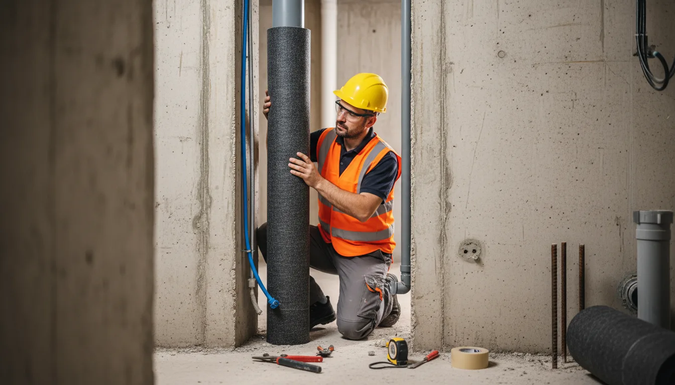 צנרת ביוב עטופה ביריעת QuietPipe באתר בנייה
